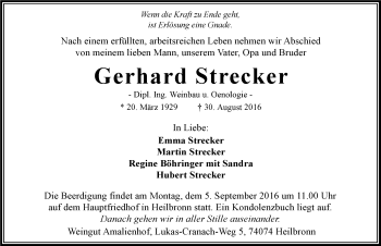 Traueranzeige von Gerhard Strecker