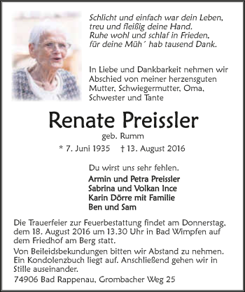 Traueranzeige von Renate Preissler 