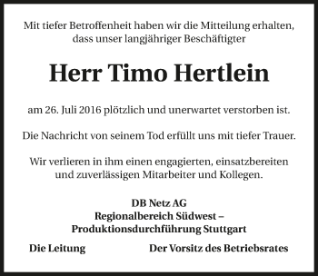 Traueranzeige von Timo Hertlein 