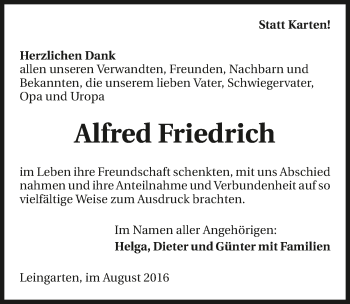 Traueranzeige von Alfred Friedrich 