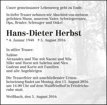 Traueranzeige von Hans-Dieter Herbst 