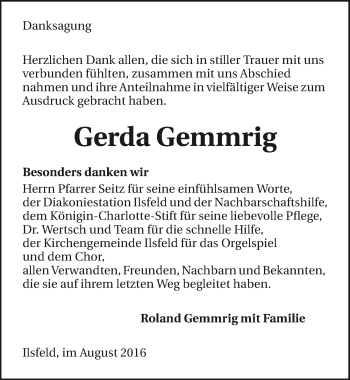 Traueranzeige von Gerda Gemmrig 