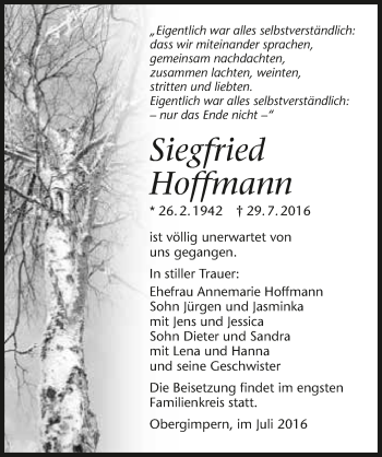 Traueranzeige von Siegfried Hoffmann 