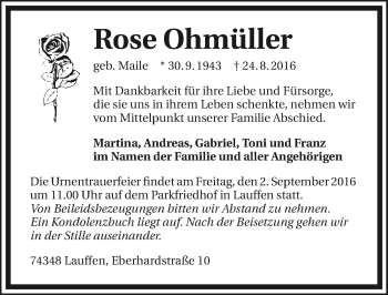Traueranzeige von Rose Ohmüller 