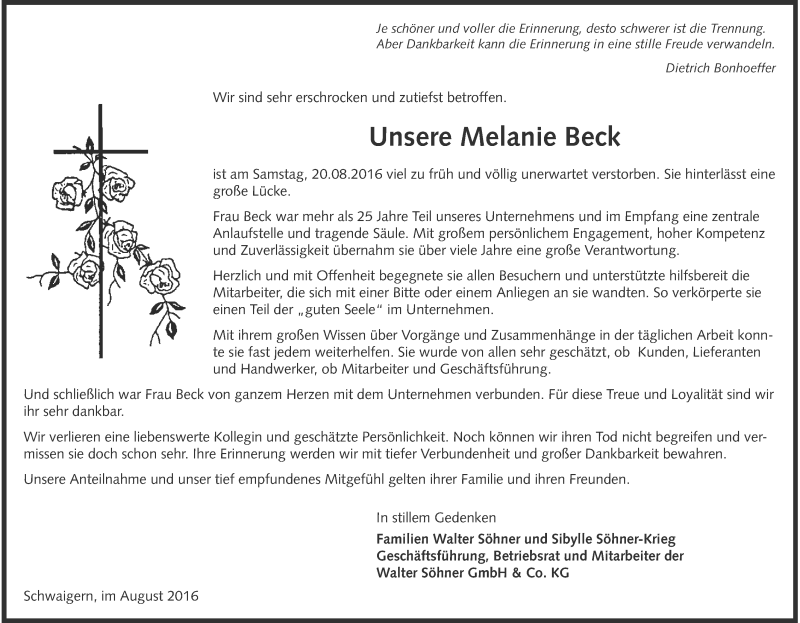  Traueranzeige für Melanie Beck vom 26.08.2016 aus 