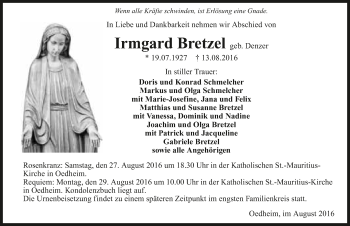 Traueranzeige von Irmgard Bretzel 