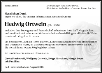 Traueranzeige von Hedwig Ortwein 