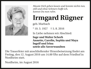 Traueranzeige von Irmgard Rügner 