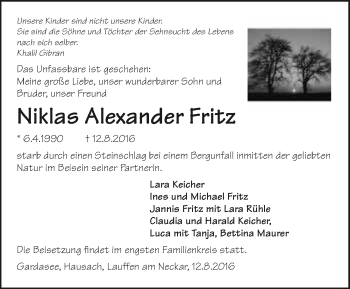 Traueranzeige von Niklas Alexander Fritz 