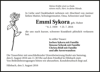 Traueranzeige von Emmi Sykora 