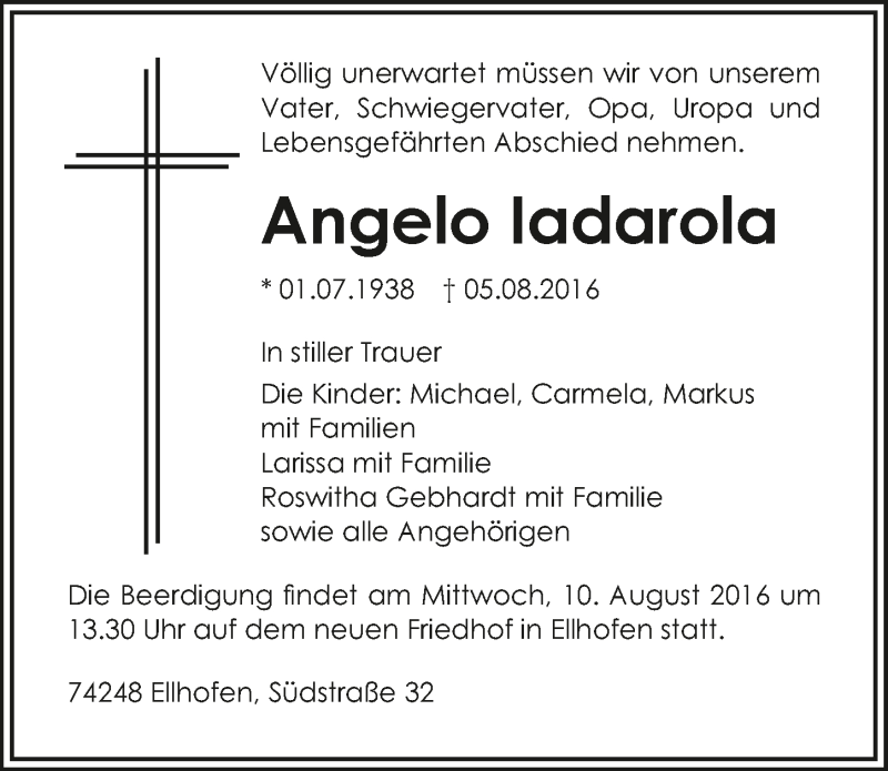  Traueranzeige für Angelo Iadarola vom 08.08.2016 aus 