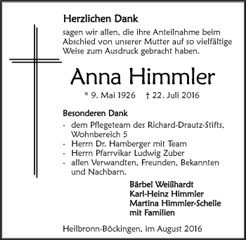 Traueranzeige von Anna Himmler 