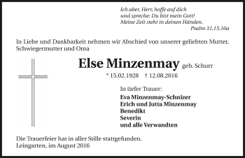 Traueranzeige von Else Minzenmay 