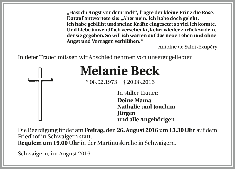  Traueranzeige für Melanie Beck vom 24.08.2016 aus 