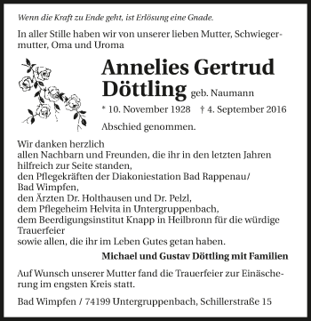 Traueranzeige von Annelies Gertrud Döttling 