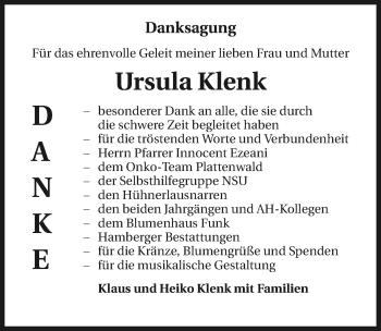 Traueranzeige von Ursula Klenk 