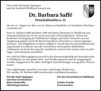 Traueranzeige von Barbara Saffé 