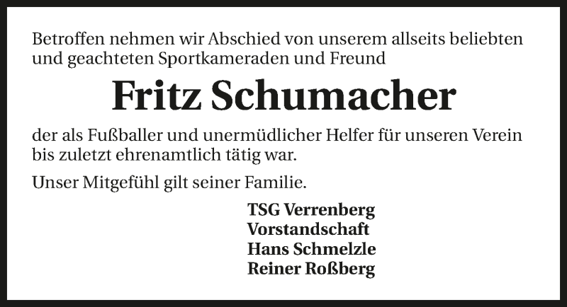  Traueranzeige für Fritz Schumacher vom 28.09.2016 aus 