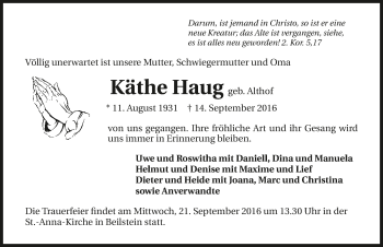 Traueranzeige von Käthe Haug 