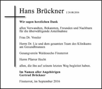Traueranzeige von Hans Brückner 