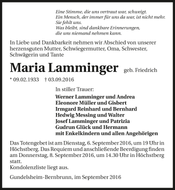 Traueranzeige von Maria Lamminger 