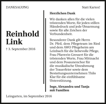 Traueranzeige von Reinhold Link 