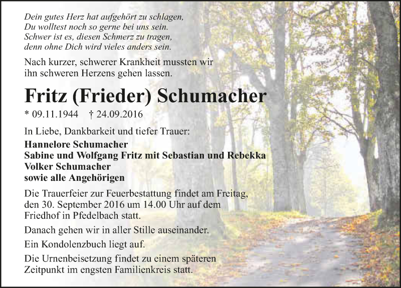  Traueranzeige für Fritz Schumacher vom 28.09.2016 aus 