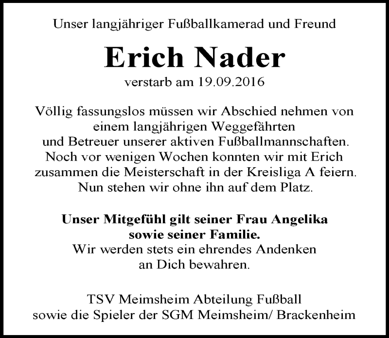  Traueranzeige für Erich Nader vom 21.09.2016 aus 