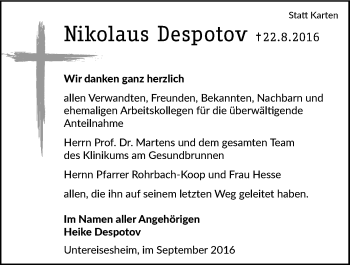 Traueranzeige von Nikolaus Despotov 