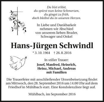Traueranzeige von Hans-Jürgen Schwindl 