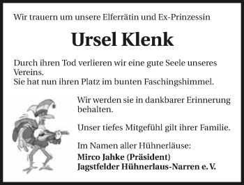 Traueranzeige von Ursel Klenk 