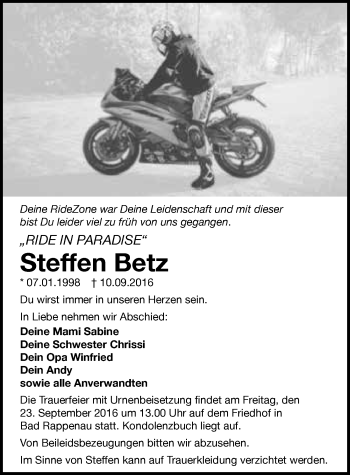 Traueranzeige von Steffen Betz 