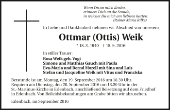 Traueranzeige von Ottmar Weik 