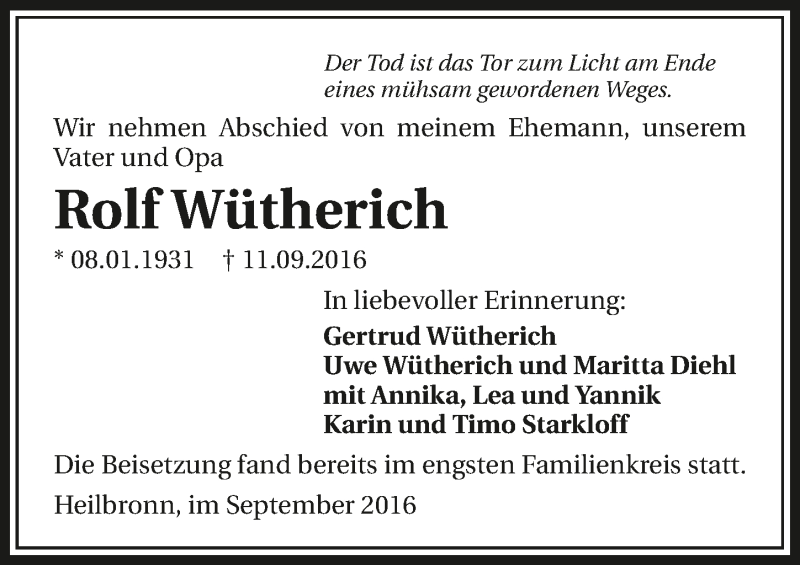  Traueranzeige für Rolf Wütherich vom 21.09.2016 aus 