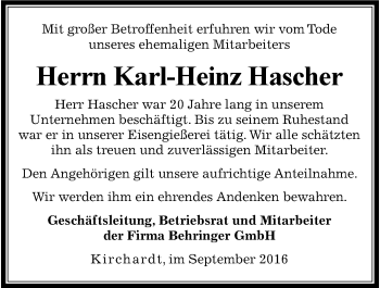 Traueranzeige von Karl-Heinz Hascher 
