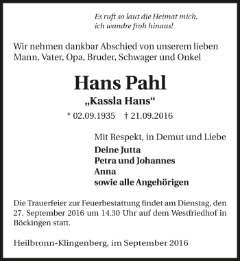 Traueranzeige von Hans Pahl 