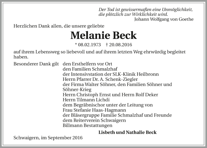  Traueranzeige für Melanie Beck vom 10.09.2016 aus 