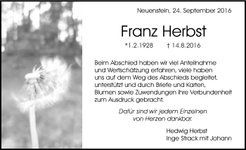 Traueranzeige von Franz Herbst 