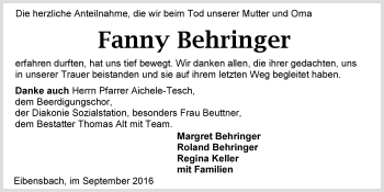 Traueranzeige von Fanny Behringer 