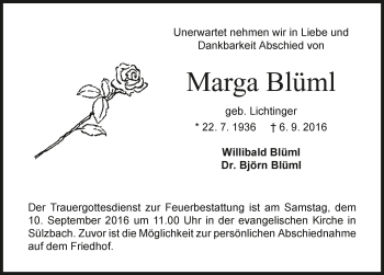 Traueranzeige von Marga Blüml 