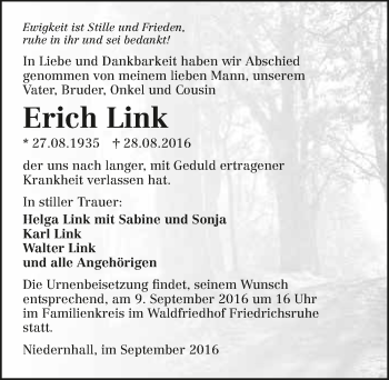 Traueranzeige von Erich Link 