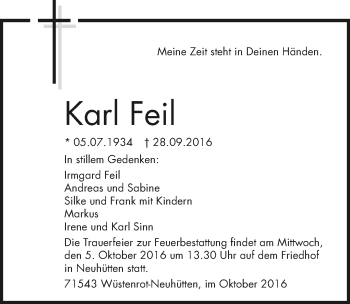 Traueranzeige von Karl Feil 
