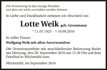 Traueranzeige von Lotte Weik 