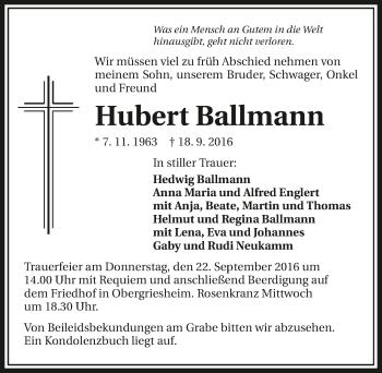 Traueranzeige von Hubert Ballmann 