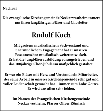 Traueranzeige von Rudolf Koch 