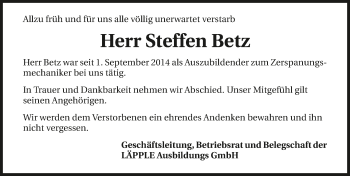 Traueranzeige von Steffen Betz 