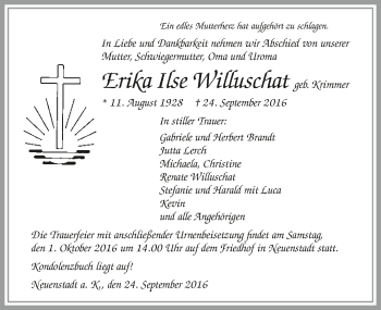 Traueranzeige von Erika Ilse Willuschat 