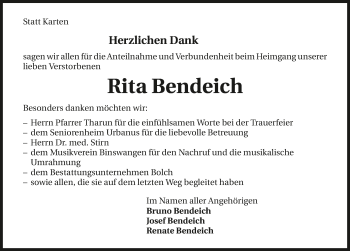 Traueranzeige von Rita Bendeich 