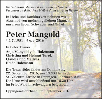 Traueranzeige von Peter Mangold 