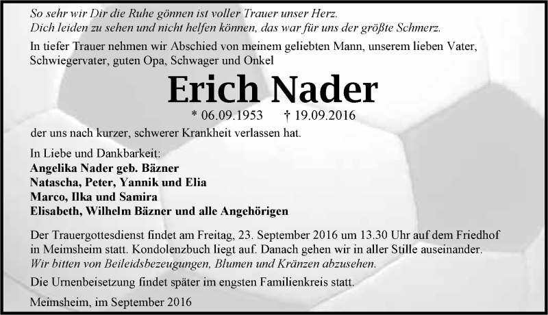  Traueranzeige für Erich Nader vom 21.09.2016 aus 